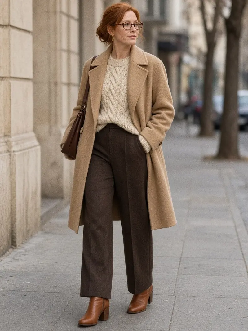 Illustration, mannequin fictif : Femme dans la rue en manteau camel, gros pull écru et pantalon marron, portant des lunettes ovales écaille et un sac en cuir tabac.