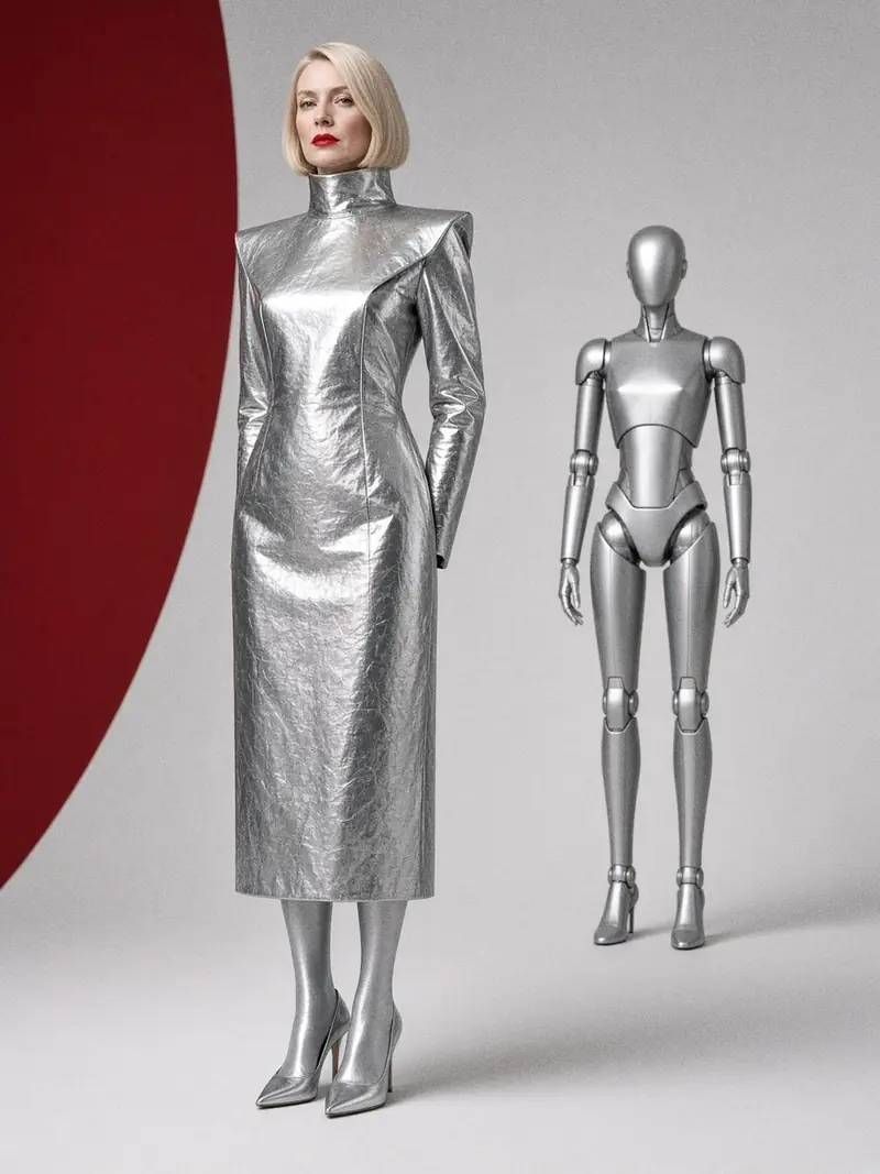 Illustration, mannequin fictif : Mannequin en robe midi argentée structurée sur un podium, avec à l'arrière-plan un robot humanoïde habillé dans le même ton.