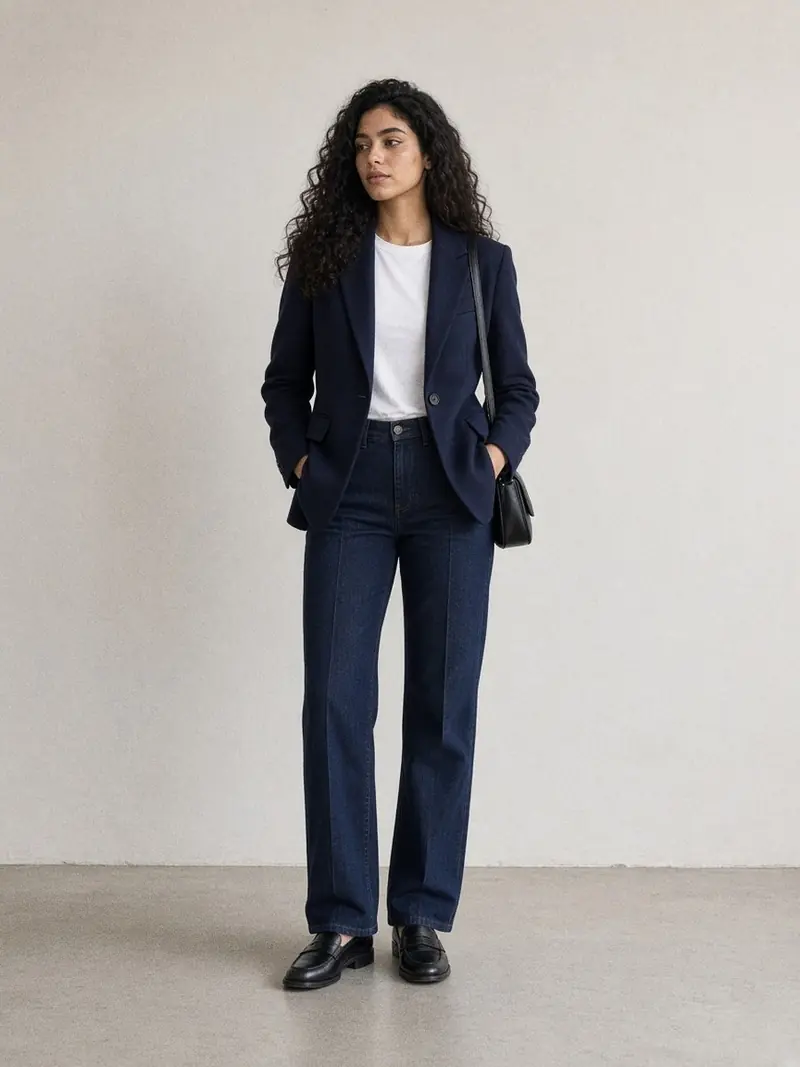 Illustration, mannequin fictif : Femme debout en blazer marine, tee-shirt blanc, jean droit brut et mocassins noirs, avec un petit sac noir en bandoulière.