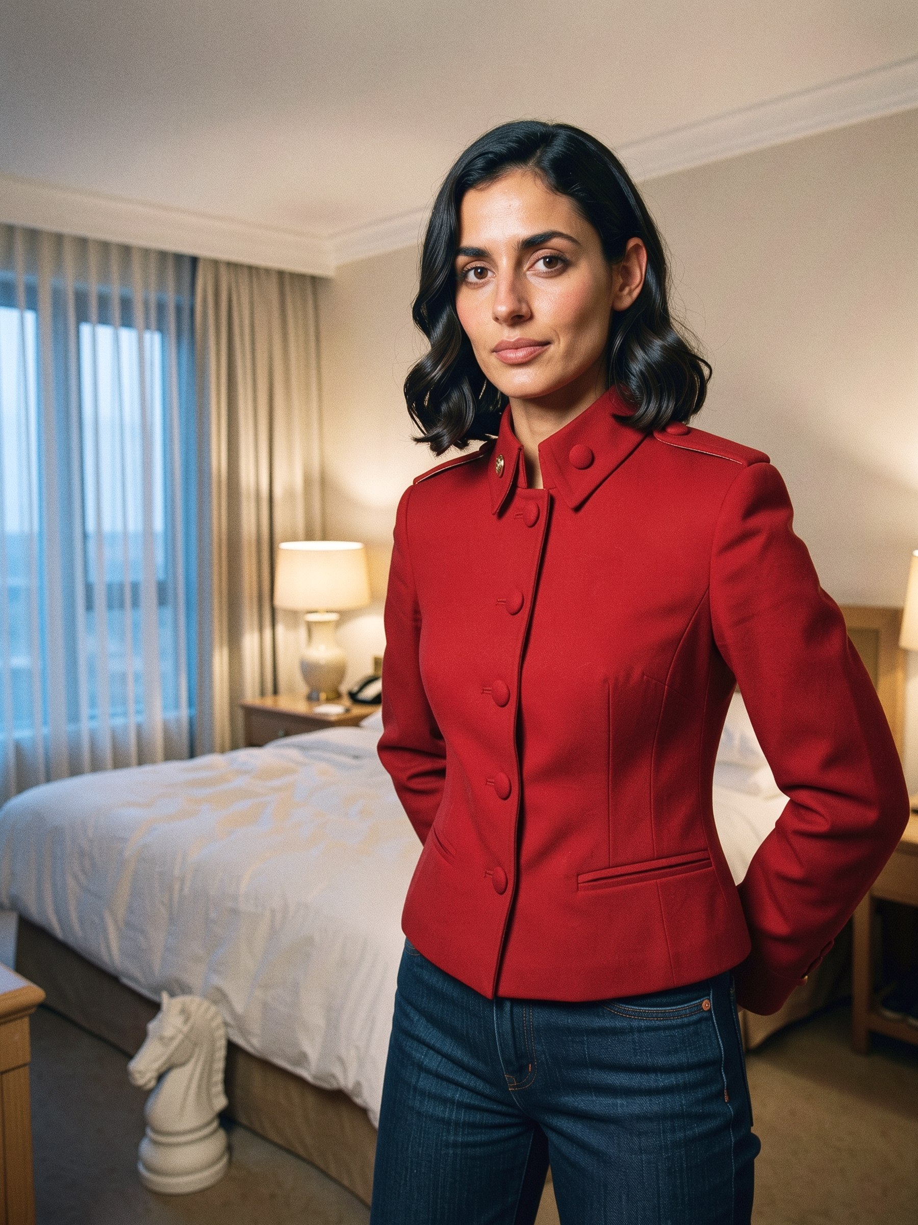Mannequin de mode portant une veste structurée à col officier fermé haut, avec un jean, dans un décor d'hôtel sobre.