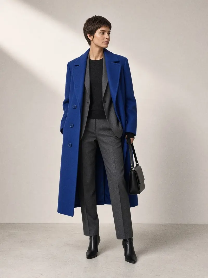 Illustration, mannequin fictif : Femme en long manteau bleu cobalt en laine mate, porté ouvert sur un tailleur pantalon anthracite, avec bottines noires et sac noir.
