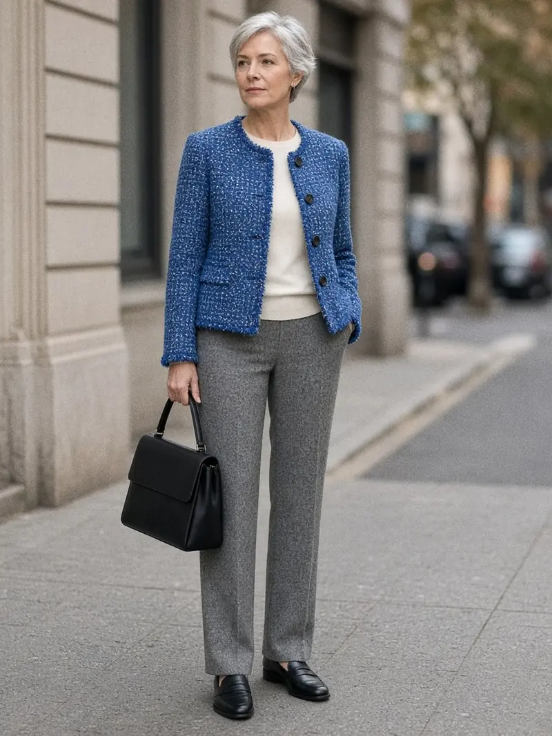 Illustration, mannequin fictif : Femme marchant en veste-manteau en tweed bleu cobalt à mi-cuisse, pantalon droit gris chiné et mocassins noirs.
