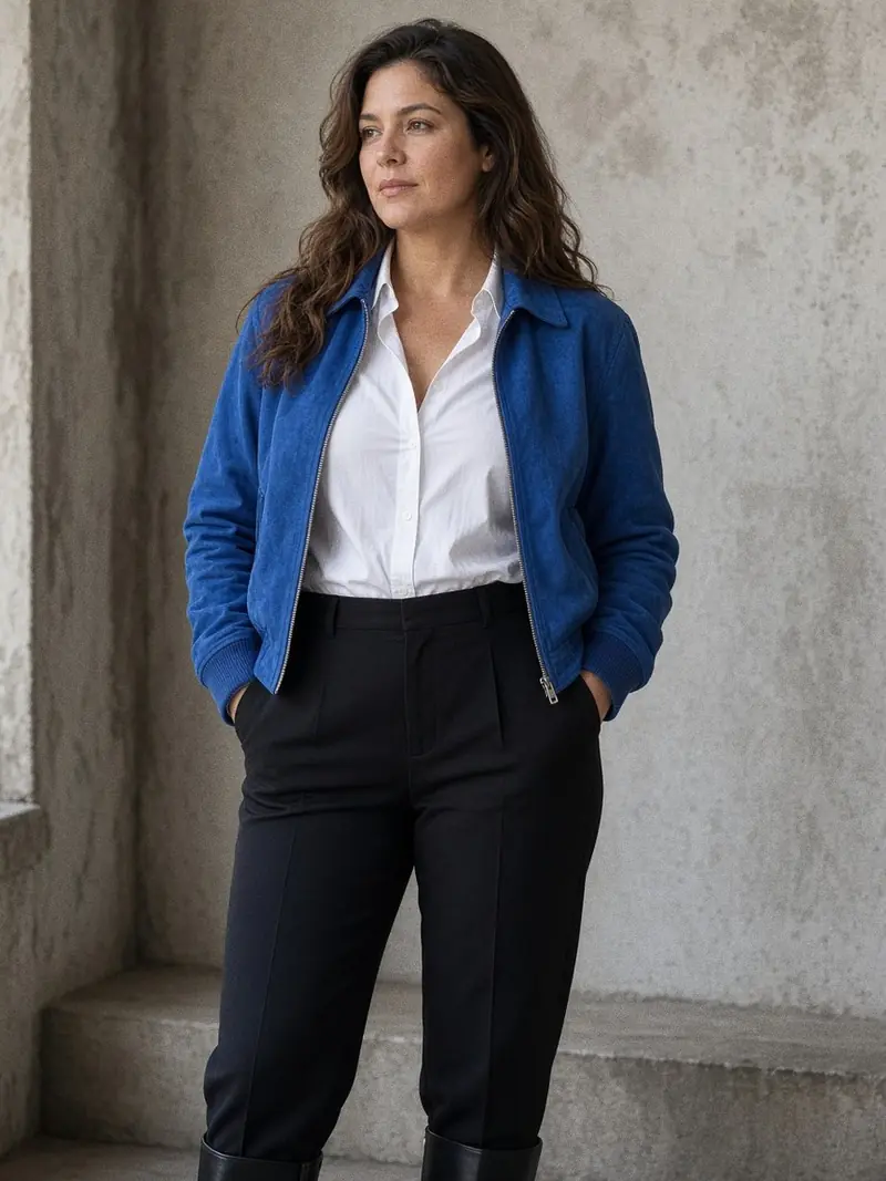 Illustration, mannequin fictif : Femme en blouson court en daim bleu cobalt ouvert sur une chemise blanche en popeline et un pantalon noir.