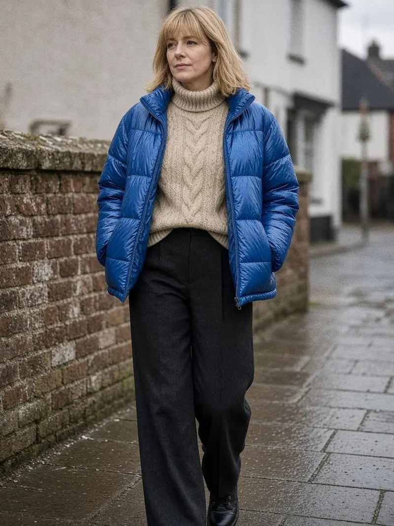 Illustration, mannequin fictif : Femme en doudoune courte en satin matelassé bleu cobalt brillant, ouverte sur un gros pull torsadé écru et un pantalon de tailleur noir.