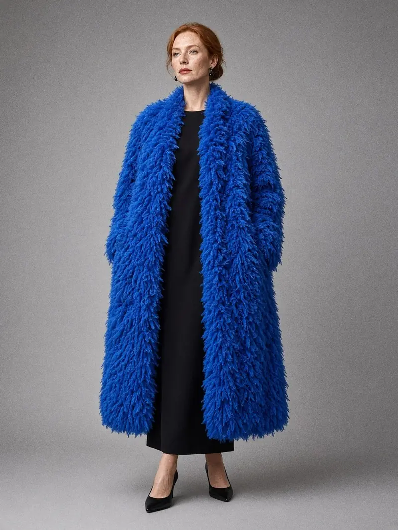 Illustration, mannequin fictif : Femme en manteau volumineux bleu cobalt à texture plumeuse, porté sur une robe midi noire à manches longues et des escarpins noirs.