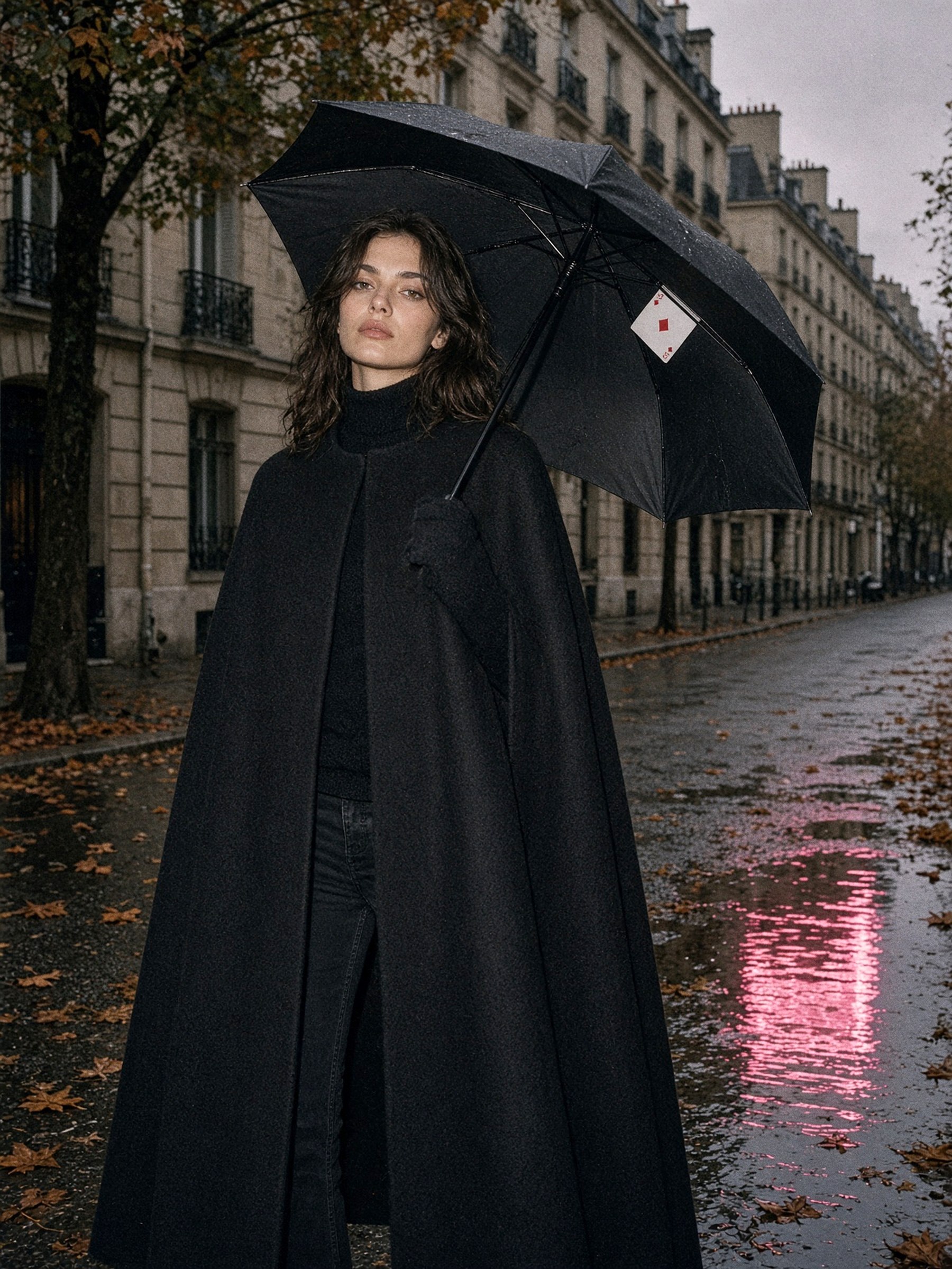 Mannequin en manteau cape longue noire ouvrant un parapluie dans une rue au crépuscule.
