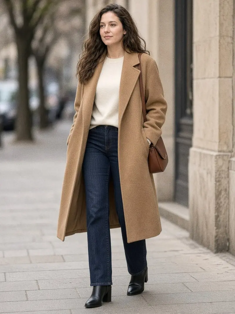 Illustration, mannequin fictif : Femme marchant en pardessus droit camel ouvert sur un pull crème, jean indigo et bottines noires à talons.