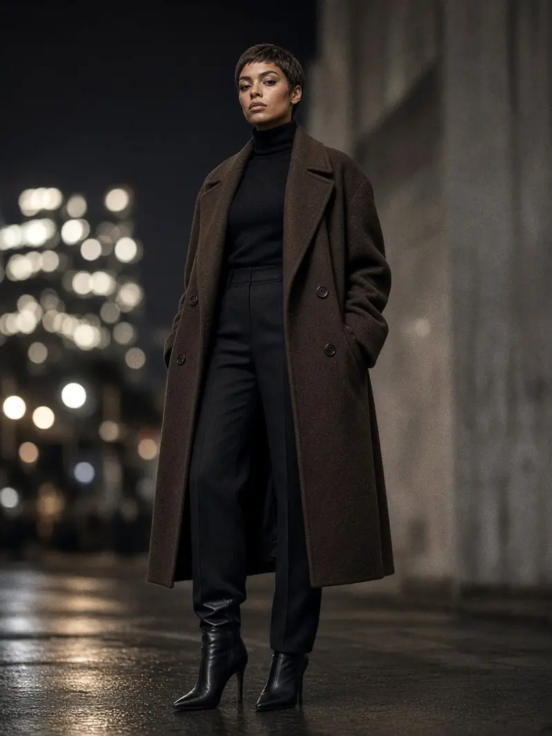 Illustration, mannequin fictif : Femme debout en long manteau de laine marron ouvert, col roulé noir fin, pantalon noir droit et bottes noires à talons.