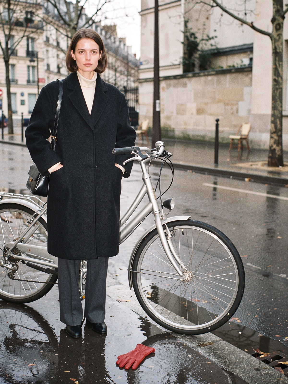 Mannequin en manteau de laine bouillie foncé, sac en bandoulière sur l'épaule, à côté d'un vélo sous une pluie fine