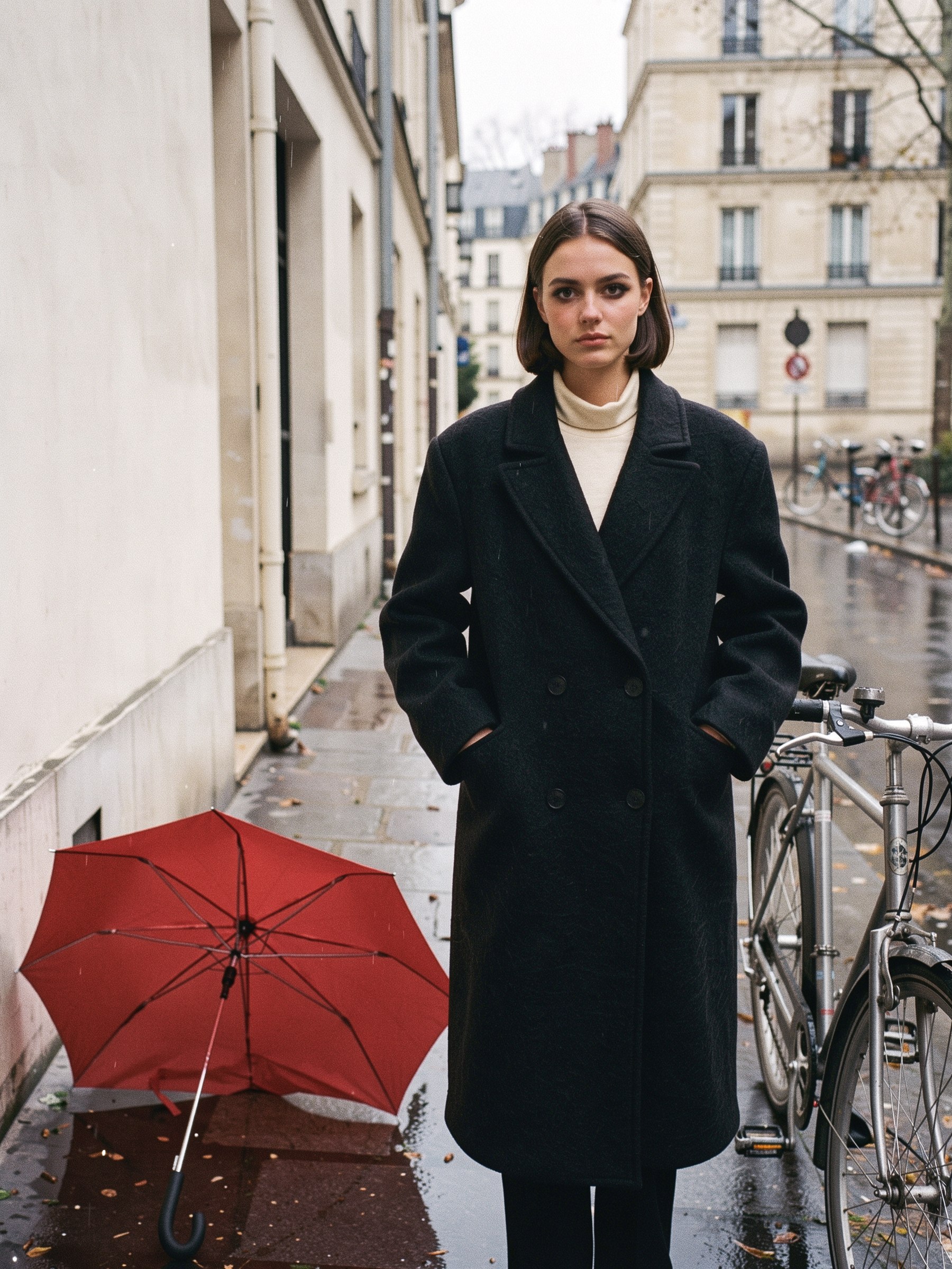 Mannequin de mode portant un manteau en laine bouillie foncé dans une rue au crépuscule, pluie fine, vélo à côté d'elle