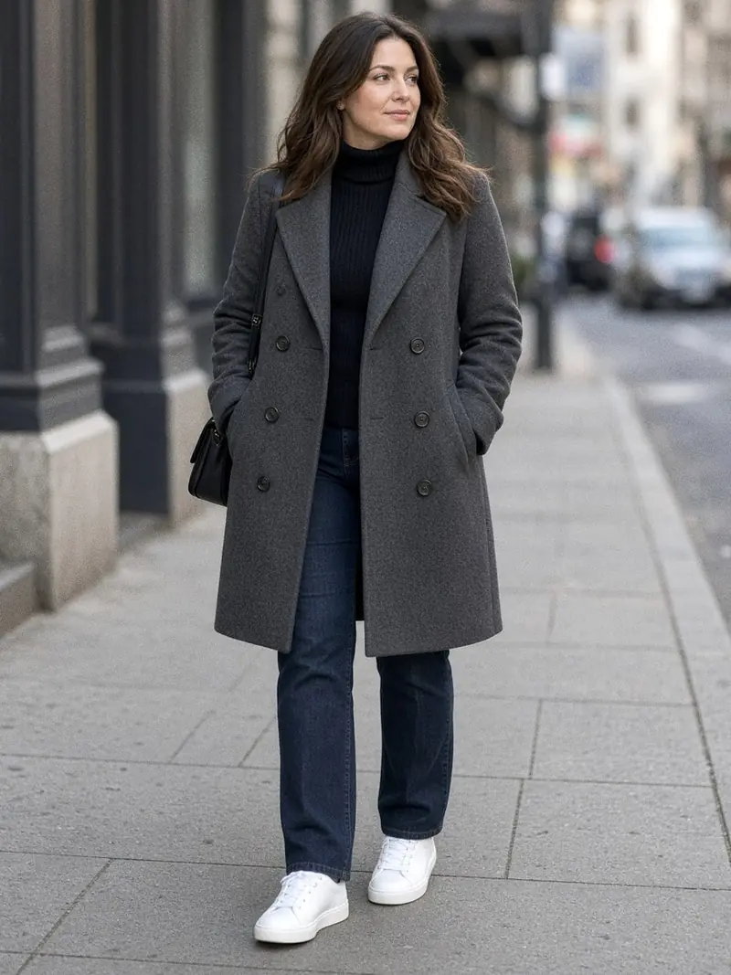 Illustration, mannequin fictif : Femme debout de face en manteau de laine gris anthracite croisé s'arrêtant à la mi-cuisse, col roulé noir, jean droit indigo et baskets blanches.