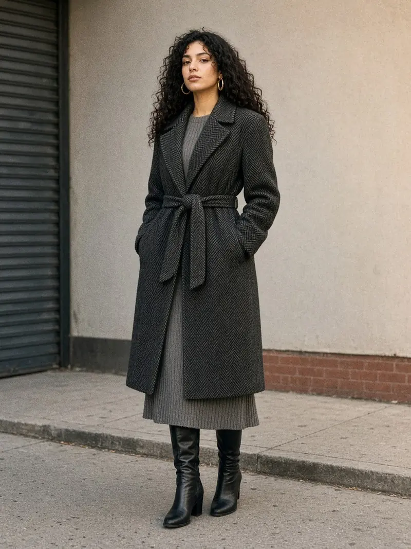 Illustration, mannequin fictif : Femme en manteau de laine noir à chevrons longueur genou, ceinture nouée à la taille, robe en maille grise et bottes hautes noires dont le haut de tige est couvert par l'ourlet.