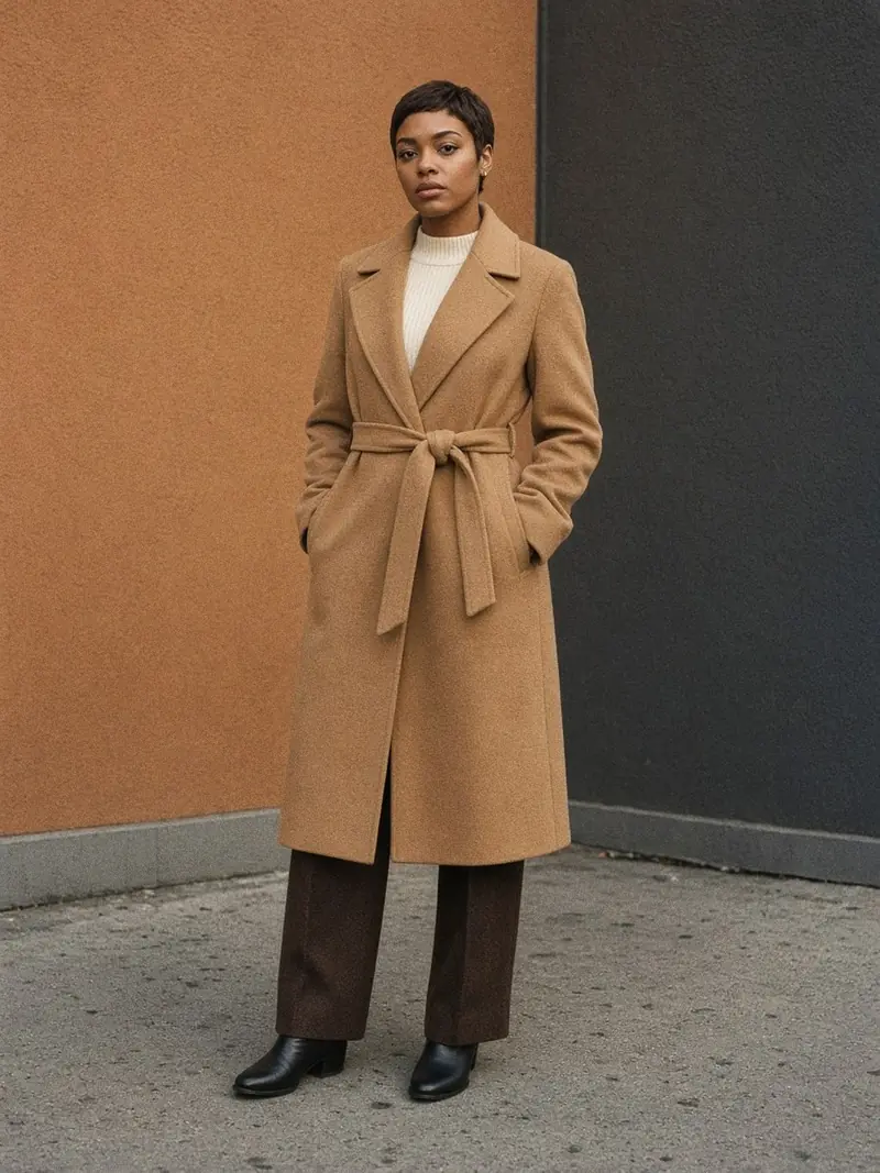 Illustration, mannequin fictif : Femme de face en manteau de laine camel droit sous le genou à grand col cranté et ceinture nouée, pull crème, pantalon marron droit et bottines noires.