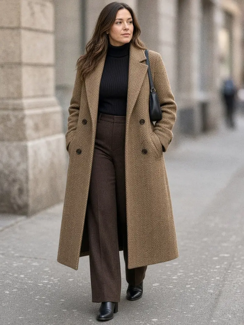 Illustration, mannequin fictif : Femme de dos trois quarts dans une rue, vêtue d'un manteau long en tweed chevron camel ouvert sur un col roulé noir et un pantalon marron, bottines noires.