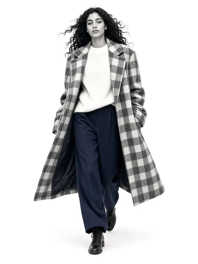 Illustration, mannequin fictif : Femme en pleine marche dans un manteau long en tweed à carreaux gris et ivoire ouvert sur un gros pull écru, pantalon marine large et bottines noires.