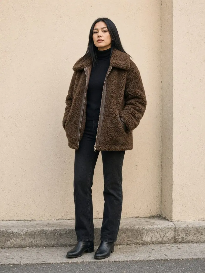 Illustration, mannequin fictif : Femme en manteau aviateur en peau de mouton chocolat à col de laine épais, col roulé noir, jean noir droit et bottines noires.