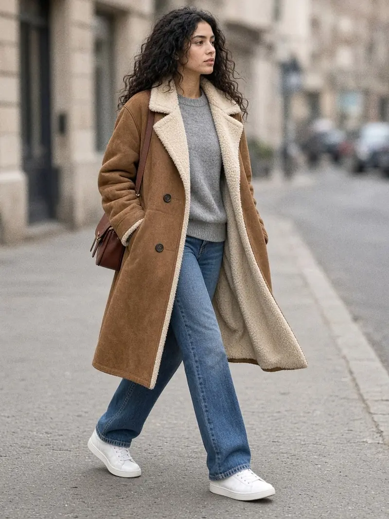 Illustration, mannequin fictif : Femme en manteau en peau lainée tabac ouvert, col de laine apparente, pull gris, jean droit bleu et baskets blanches, petit sac en cuir marron.