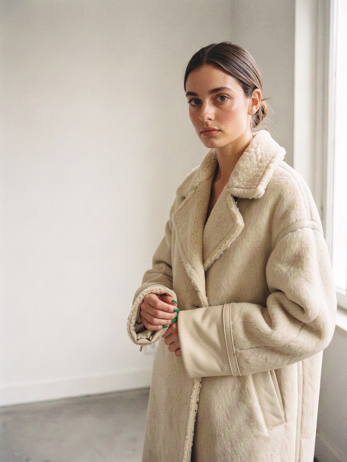 Mannequin repliant le poignet de son manteau en peau lainée écrue pour montrer l'envers en cuir.