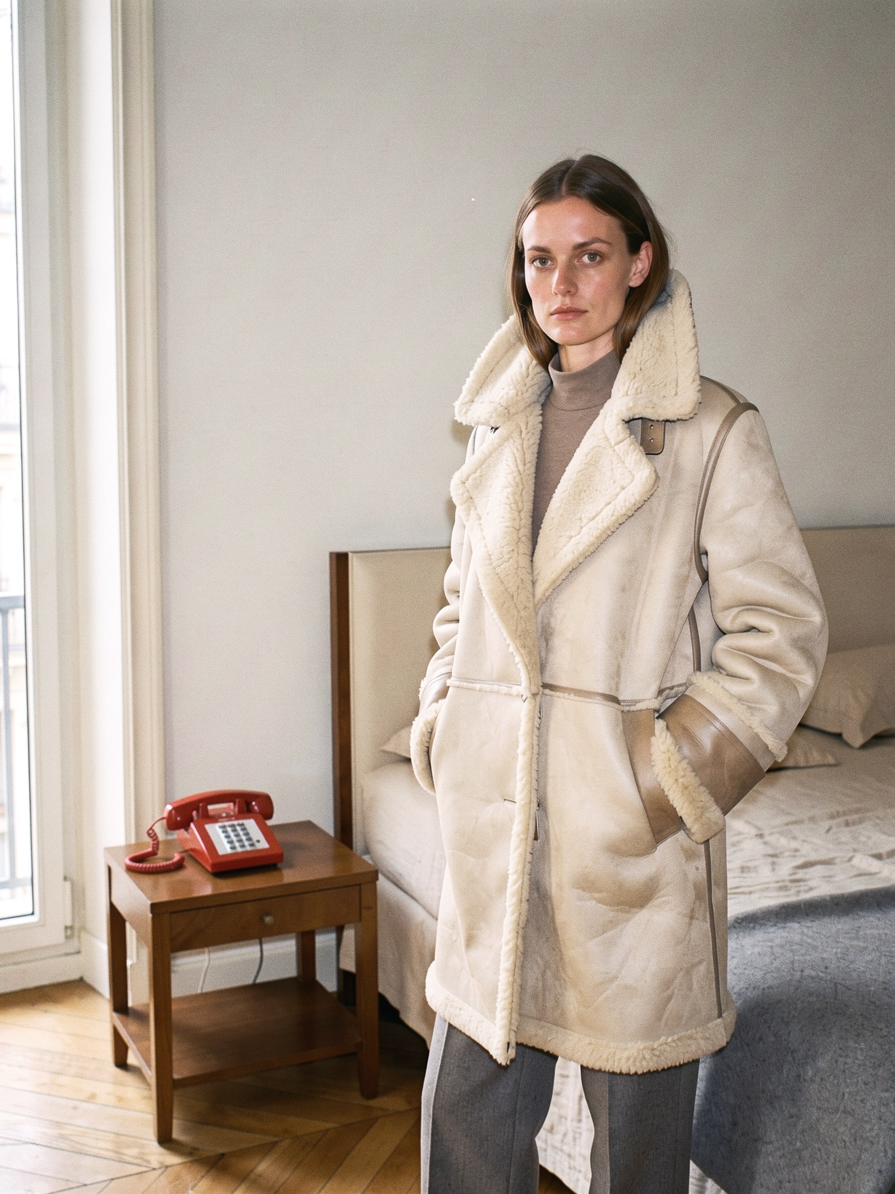 Mannequin en manteau de peau lainée écrue dans une chambre d'hôtel, poignet replié sur l'envers en cuir.