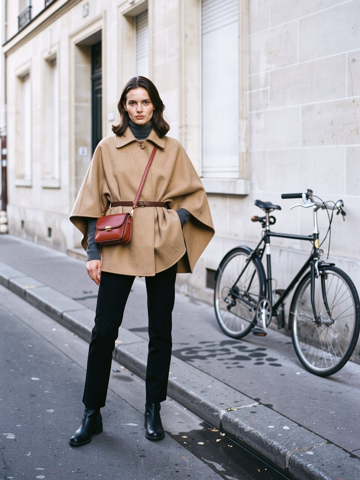 Mannequin portant un poncho en laine camel cintré à la taille avec un sac en bandoulière rouge porté par-dessus, dans une rue au crépuscule
