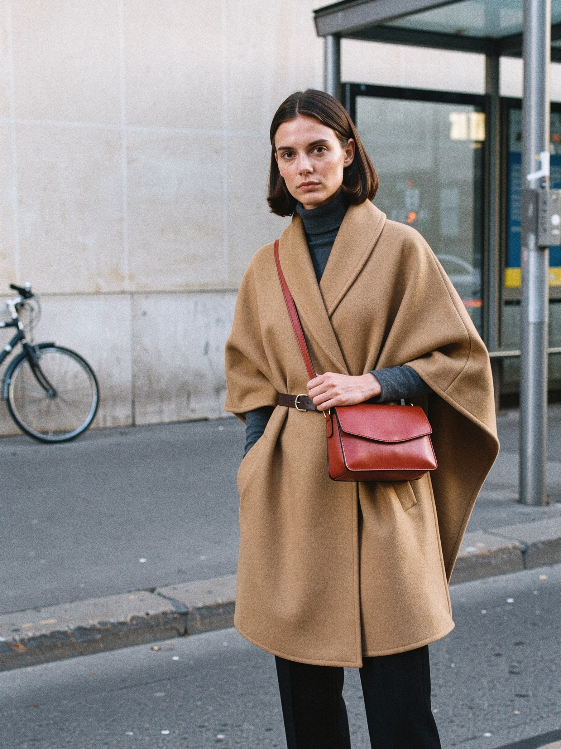 Mannequin de mode portant un poncho en laine cintré à la taille avec un sac porté en bandoulière croisée par-dessus, dans une rue au crépuscule