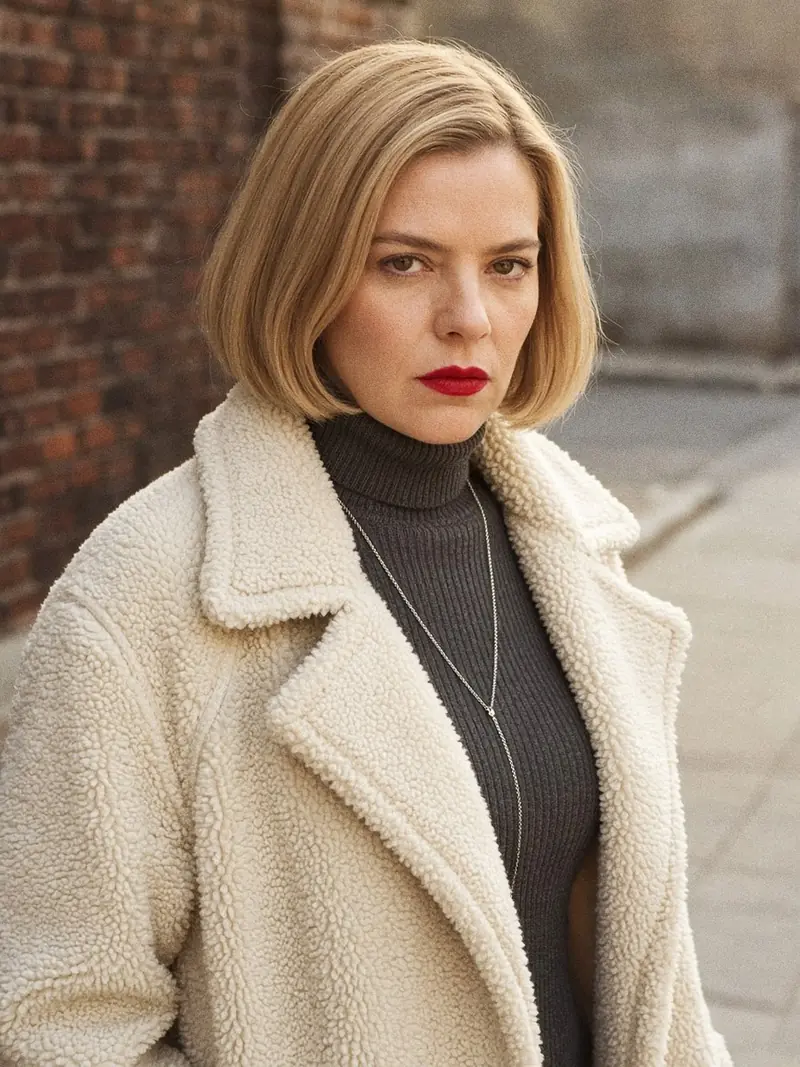 Illustration, mannequin fictif : Détail d'épaule d'un manteau en shearling écru à manche raglan, couture en diagonale du col vers l'aisselle, porté sur un col roulé gris anthracite.