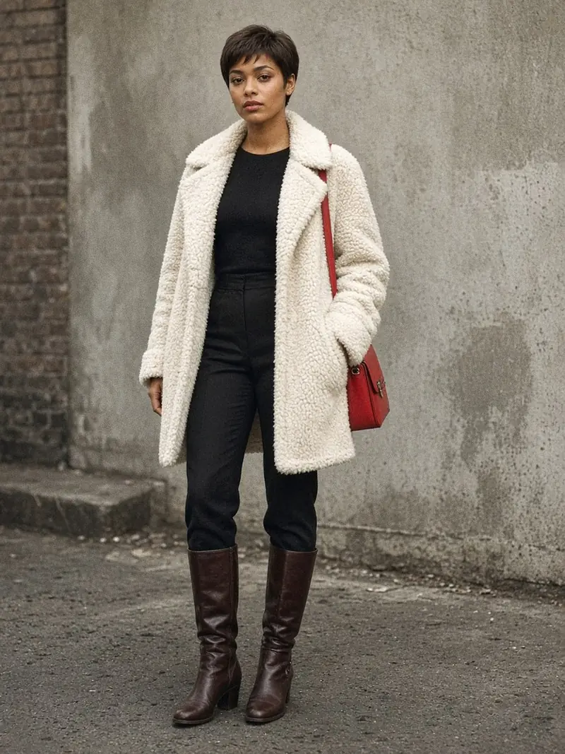 Illustration, mannequin fictif : Femme en manteau toscana écru à laine longue porté ouvert sur un haut noir et un pantalon cigarette noir, bottes hautes marron et sac rouge.