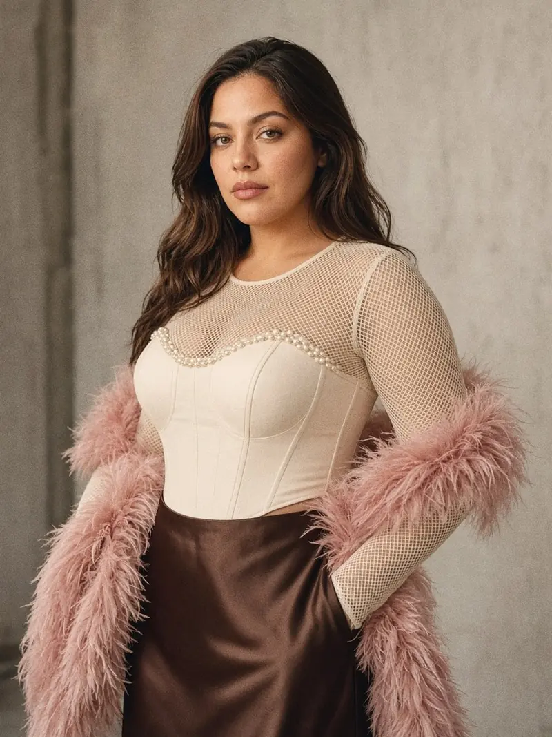 Illustration, mannequin fictif : Buste d'une femme en haut de mesh crème doublé d'un corset opaque, perles sur l'encolure, boa de plumes rose posé sur les épaules et les bras, jupe satin marron taille haute.