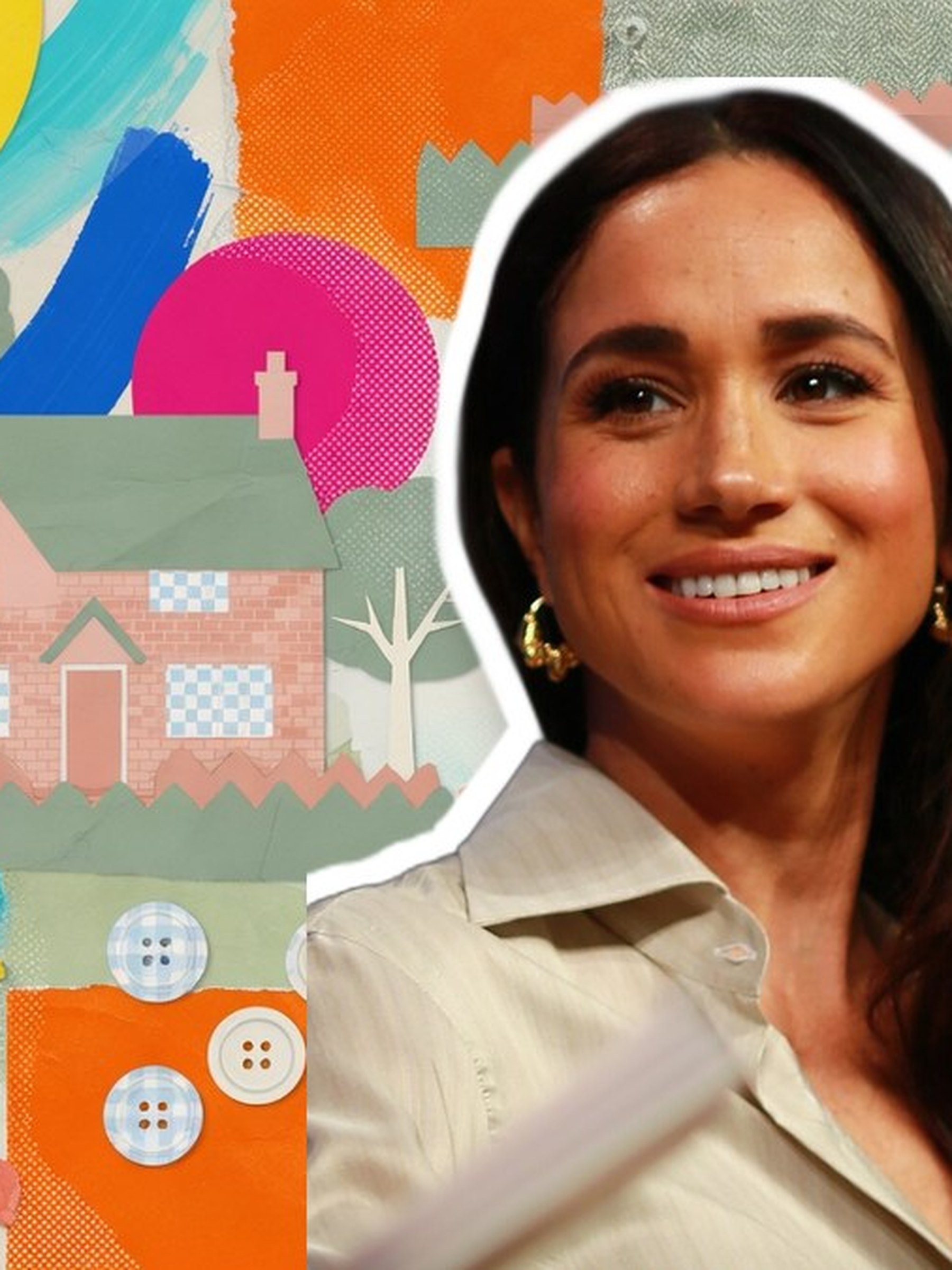 Silhouette en chemise bleu pâle et jean blanc, veste vert foncé posée sur le bras, inspirée de la tenue portée par Meghan Markle au pub The Three Horseshoes dans les Cotswolds.