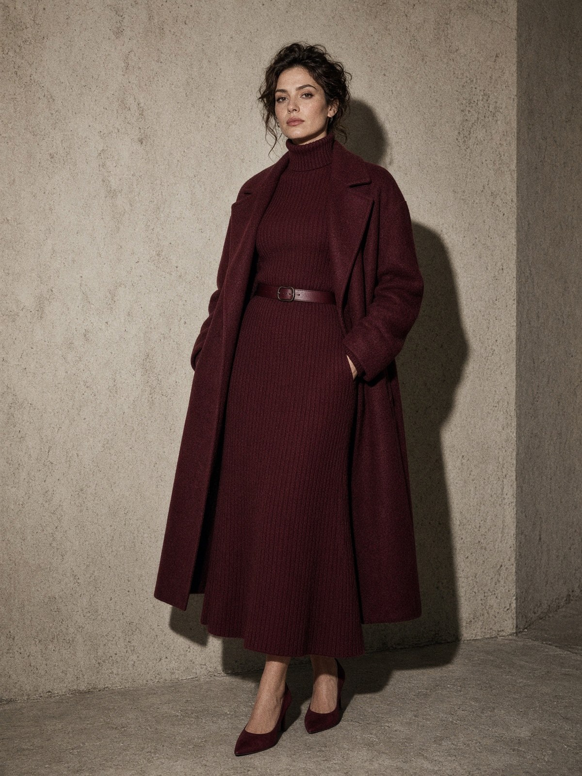 Mannequin en camaïeu bordeaux : manteau de laine mate ouvert, col roulé côtelé, ceinture de cuir et escarpins en daim