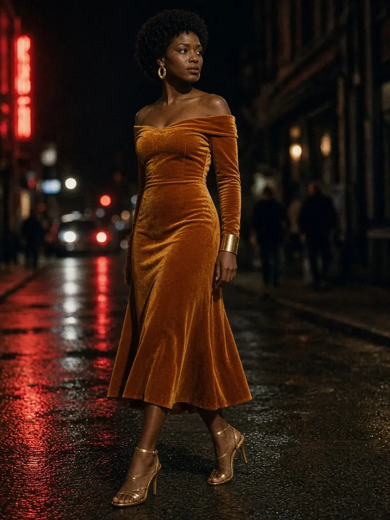 Illustration, mannequin fictif : Femme en robe midi de velours ambre aux épaules dégagées, sandales dorées à talon, debout près d'un comptoir de bar faiblement éclairé.