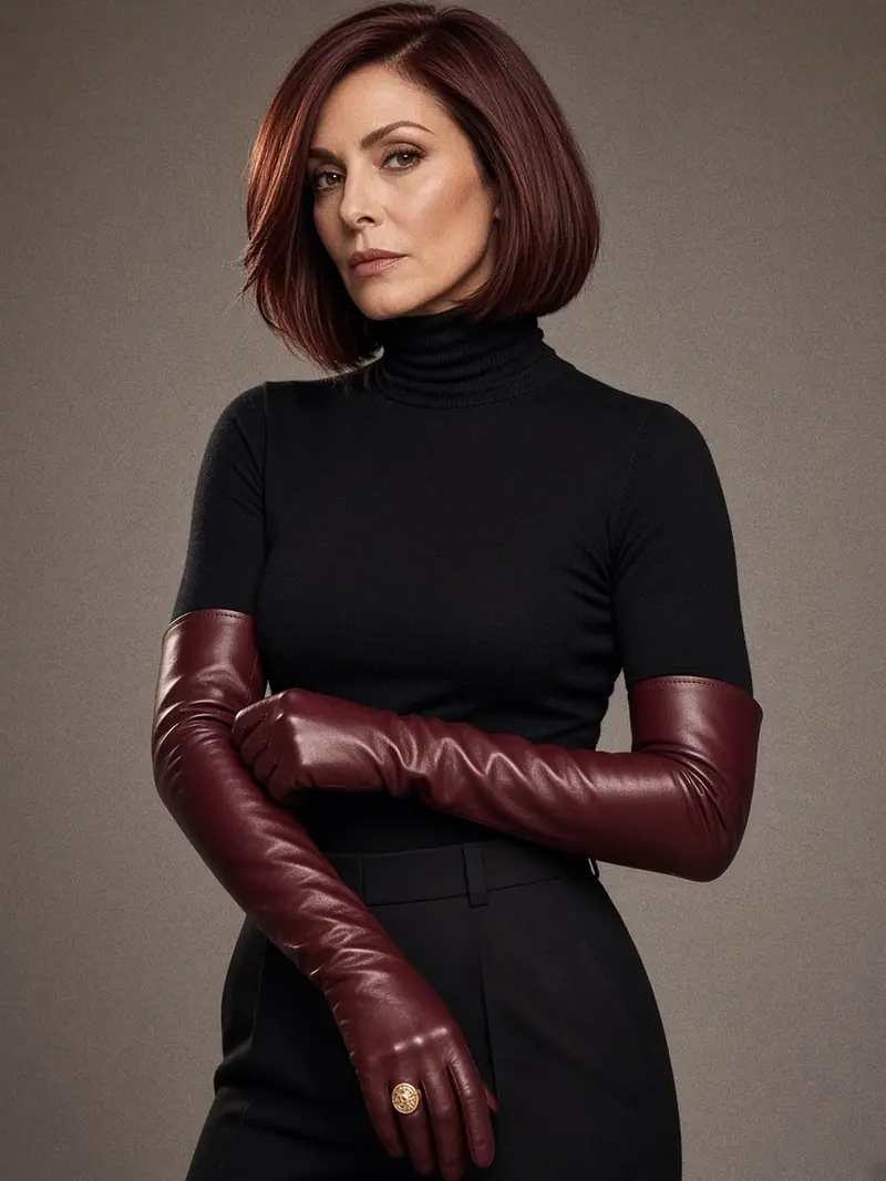 Illustration, mannequin fictif : Femme en pull col roulé noir fin et longs gants de cuir bordeaux, en train de retirer l'un des deux gants, cadrée à la taille.