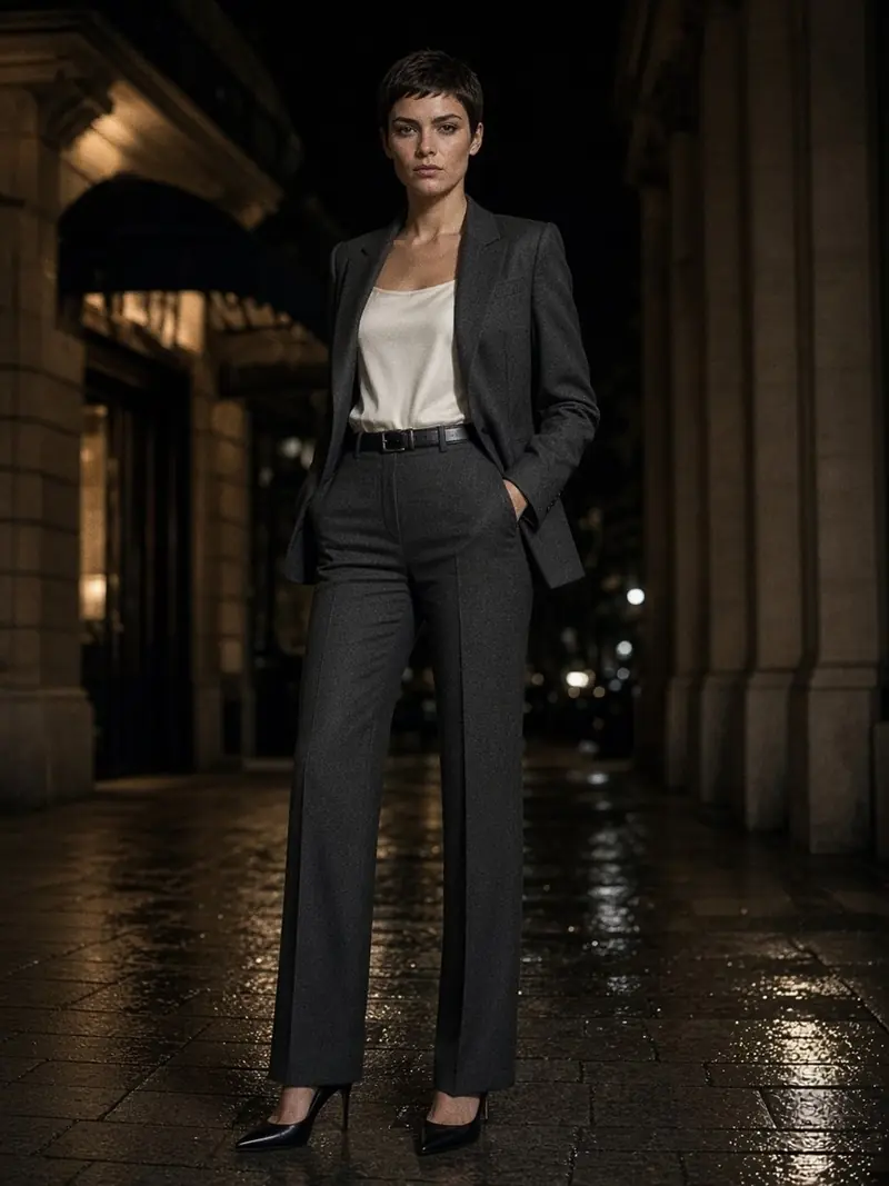Illustration, mannequin fictif : Femme debout en tailleur pantalon anthracite à veste ouverte sur un débardeur en soie ivoire, escarpins noirs pointus.