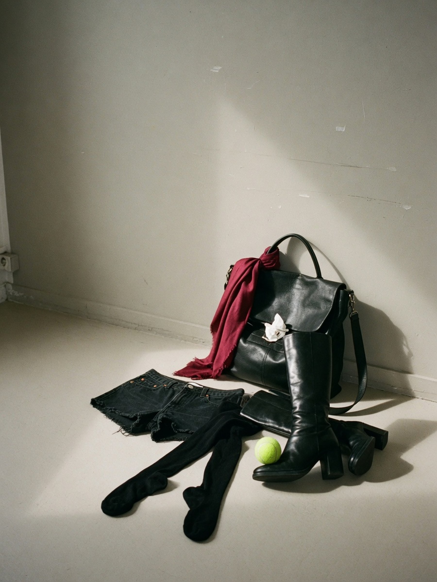 Nature morte éditoriale : short en jean noir, collants opaques, bottines montantes et sac à rabat surdimensionné posés sur un fond studio uni.