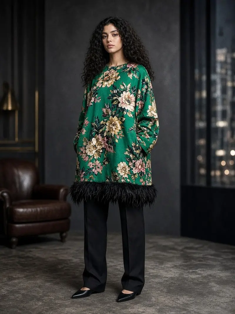 Illustration, mannequin fictif : Femme debout de face en tunique verte à imprimé floral et bordure de plumes noires, pantalon noir droit et chaussures plates noires.
