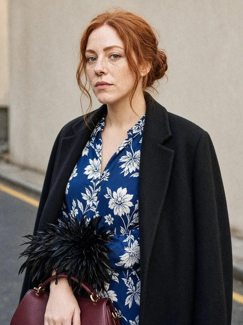 Illustration, mannequin fictif : Détail d'une manche de tunique bleue à imprimé floral avec bordure de plumes noires, blazer noir ouvert et sac bordeaux tenu à la main.