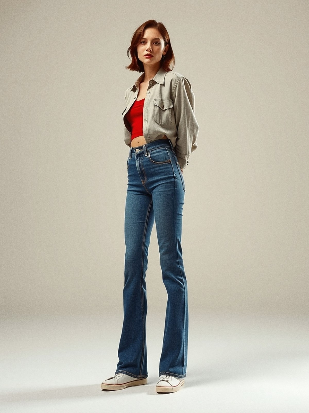 Mannequin portant un jean taille basse évasé seul avec un haut structuré et couvrant, silhouette actuelle