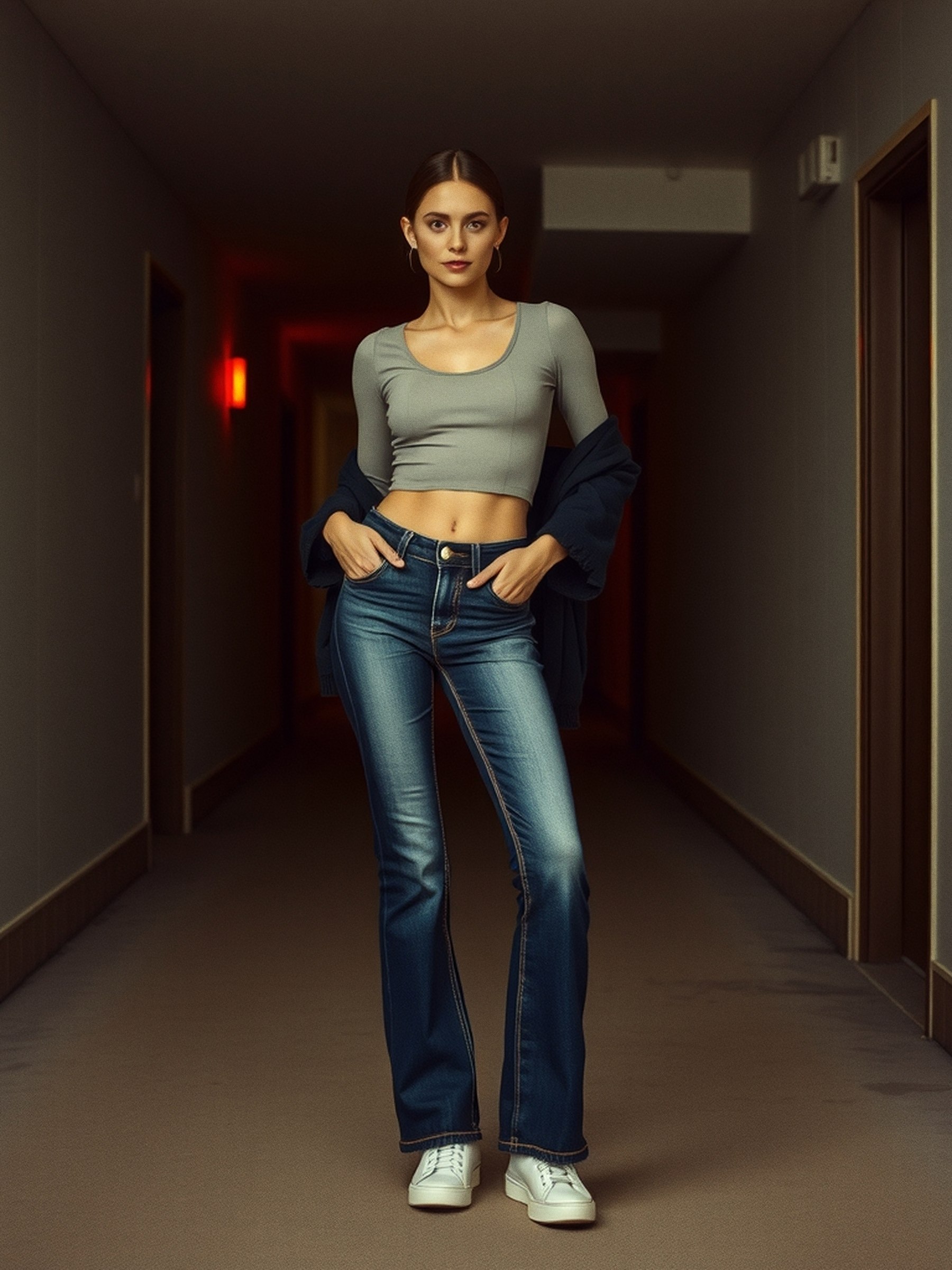 Mannequin en jean taille basse évasé style Miss Sixty, haut structuré, pose éditoriale dans un décor sobre