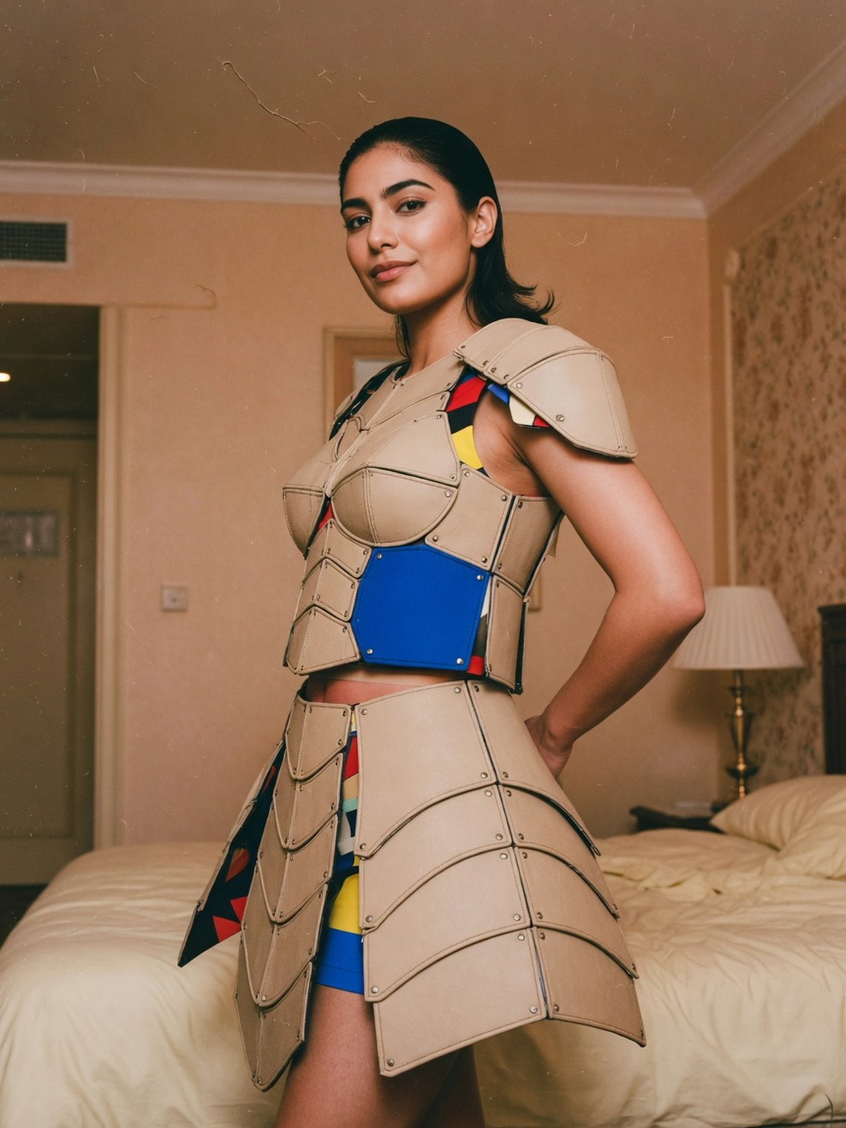 Détail d'une robe à blocs de couleur cousus montrant les coutures entre chaque aplat
