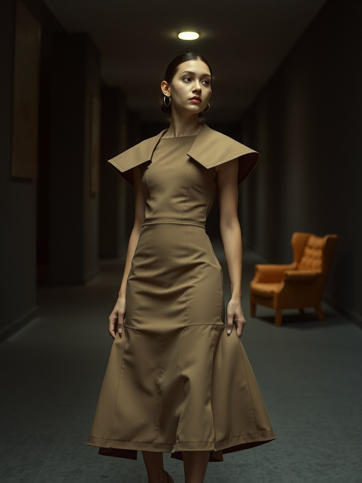 Mannequin portant une robe à volumes rigides et épaules structurées, silhouette sculpturale