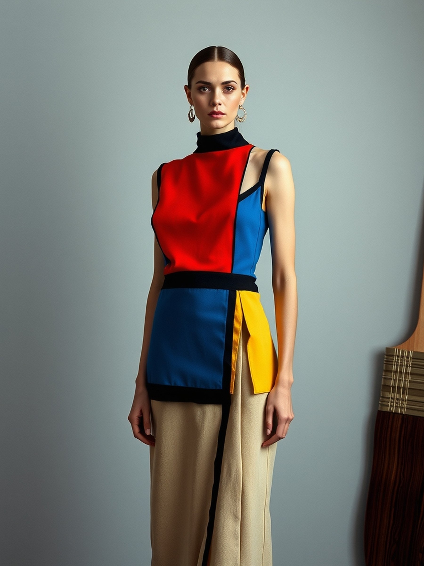 Mannequin portant une robe à blocs de couleur primaire cousus, silhouette géométrique inspirée de la construction couture