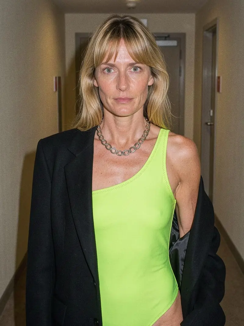 Illustration, mannequin fictif : Gros plan sur l'épaule d'une femme portant un monokini vert fluo asymétrique, bord de découpe bordé et couture en zigzag, sous un blazer noir ouvert.