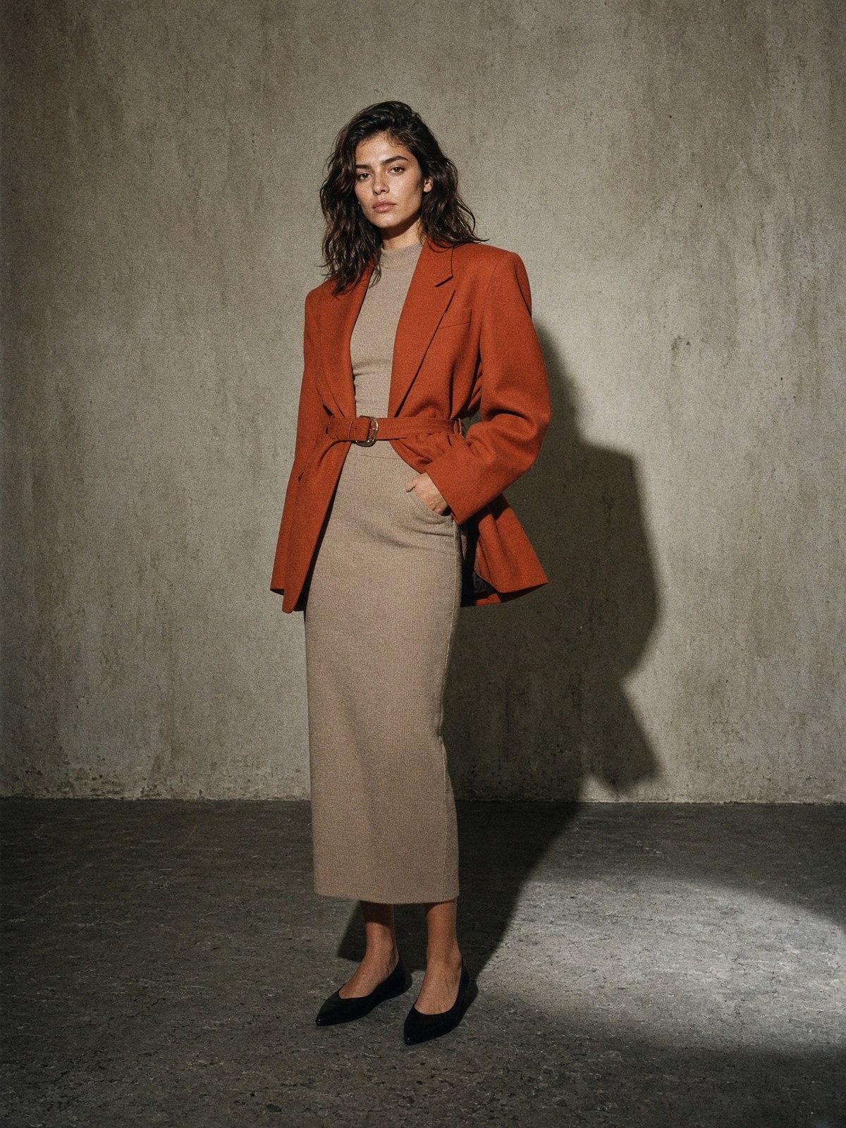 Mannequin portant un blazer oversize à épaules structurées, ceinturé à la taille, en studio nu