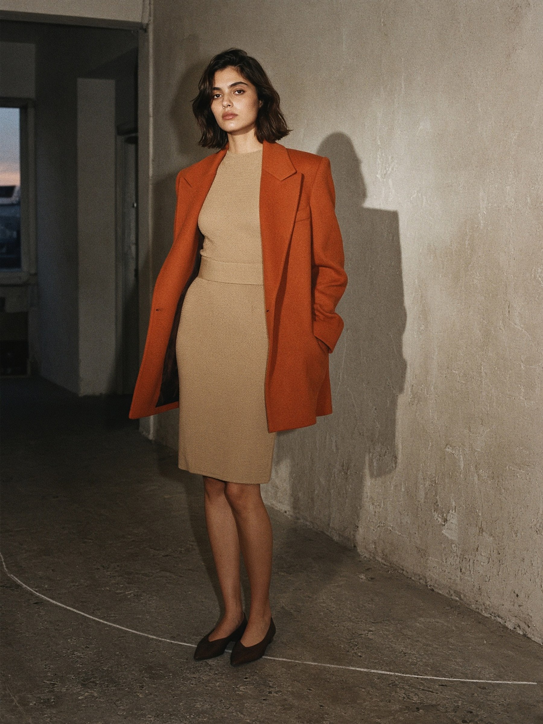 Mannequin de dos et de face portant un blazer oversize structuré à épaules marquées, décor de studio nu, lumière de flash directe
