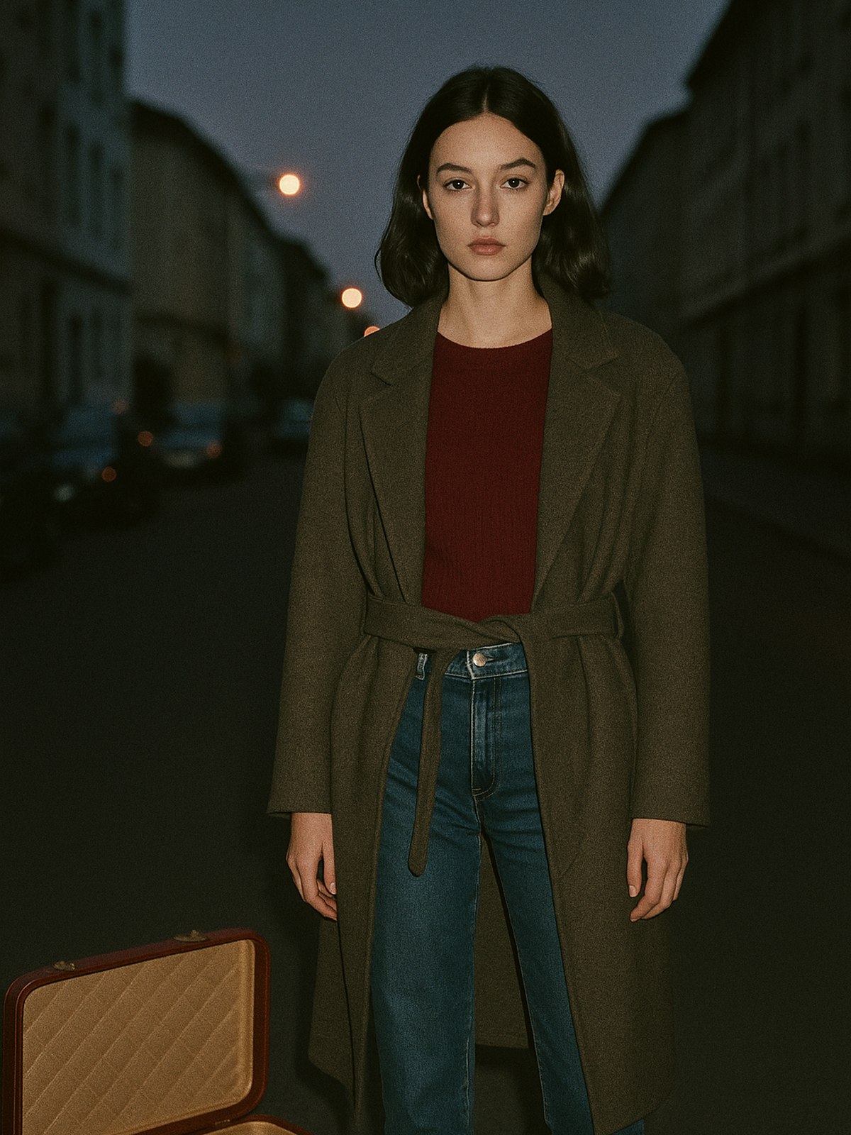 Mannequin au visage visible portant un manteau ceinturé ouvert sur un pull côtelé et un jean taille haute, look week-end