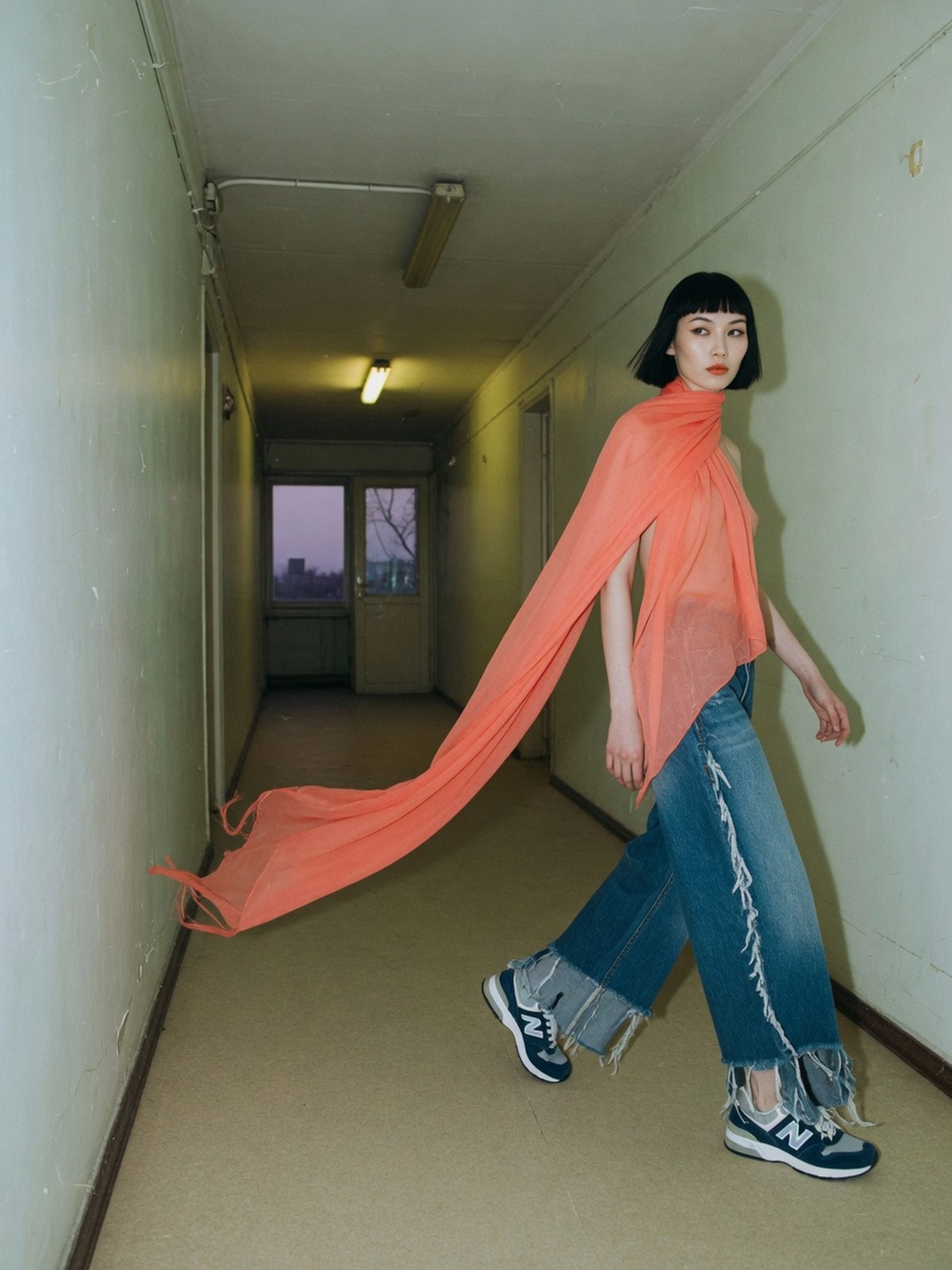 Silhouette portant un jean ample à l'ourlet brut long avec une sneaker New Balance chunky, dans un couloir au crépuscule