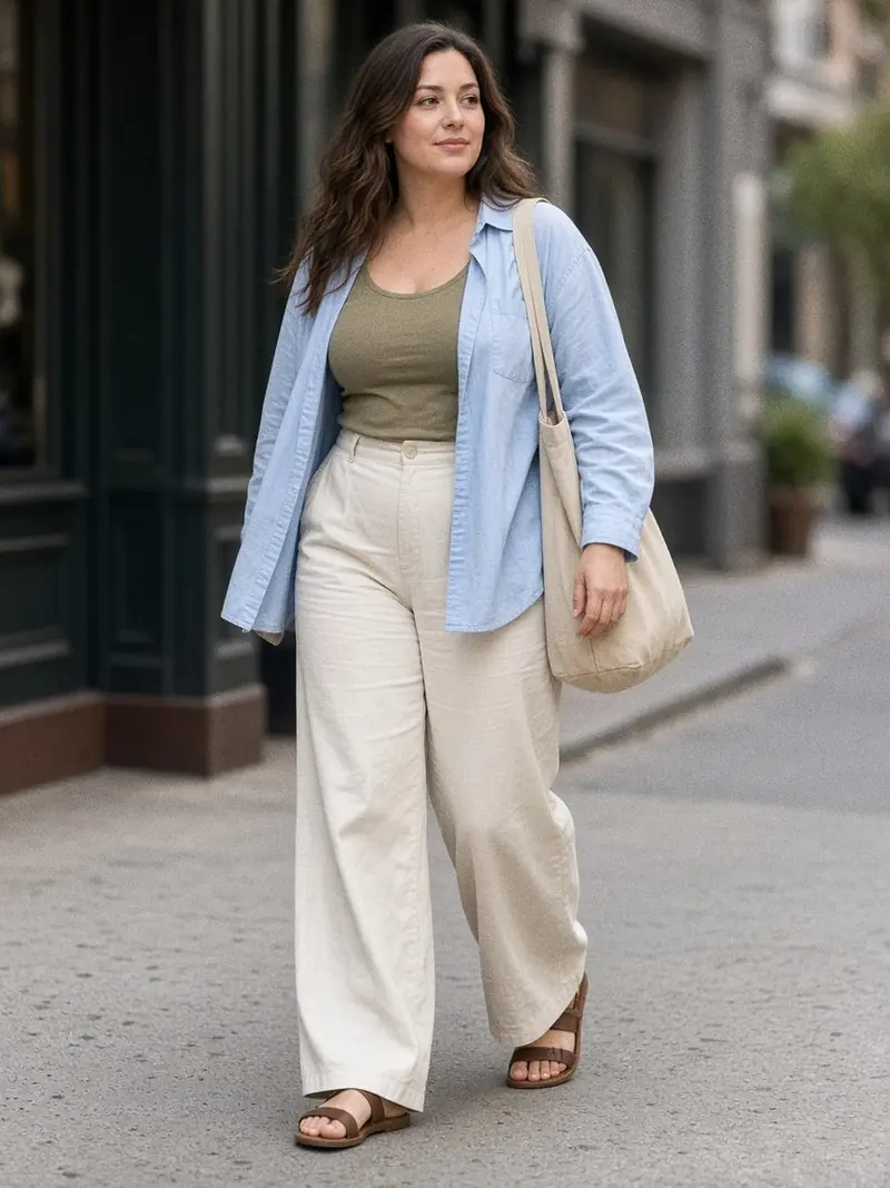 Illustration, mannequin fictif : Femme en pantalon large blanc cassé et haut kaki couvrant, chemise de coton bleu clair portée ouverte comme une veste, sandales plates et grand sac en toile.