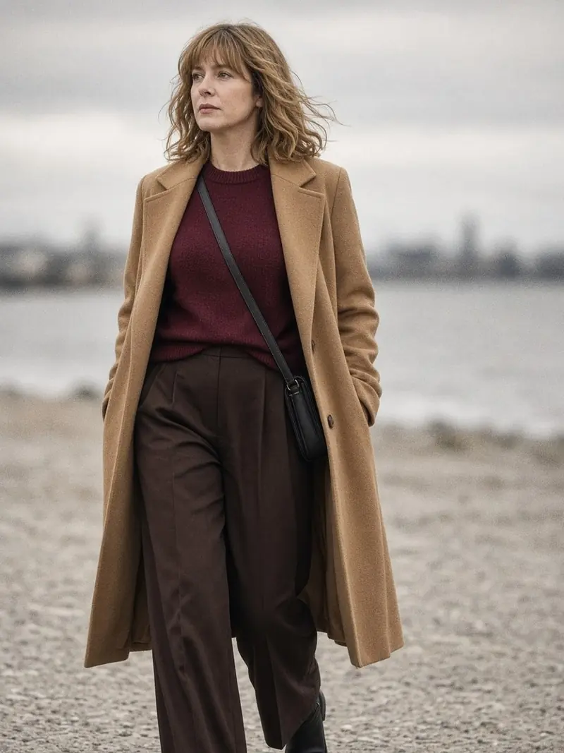 Illustration, mannequin fictif : Femme en manteau droit camel ouvert sur un pull col rond bordeaux, pantalon fluide brun foncé et bottines noires, rangeant son téléphone dans un petit sac en bandoulière.
