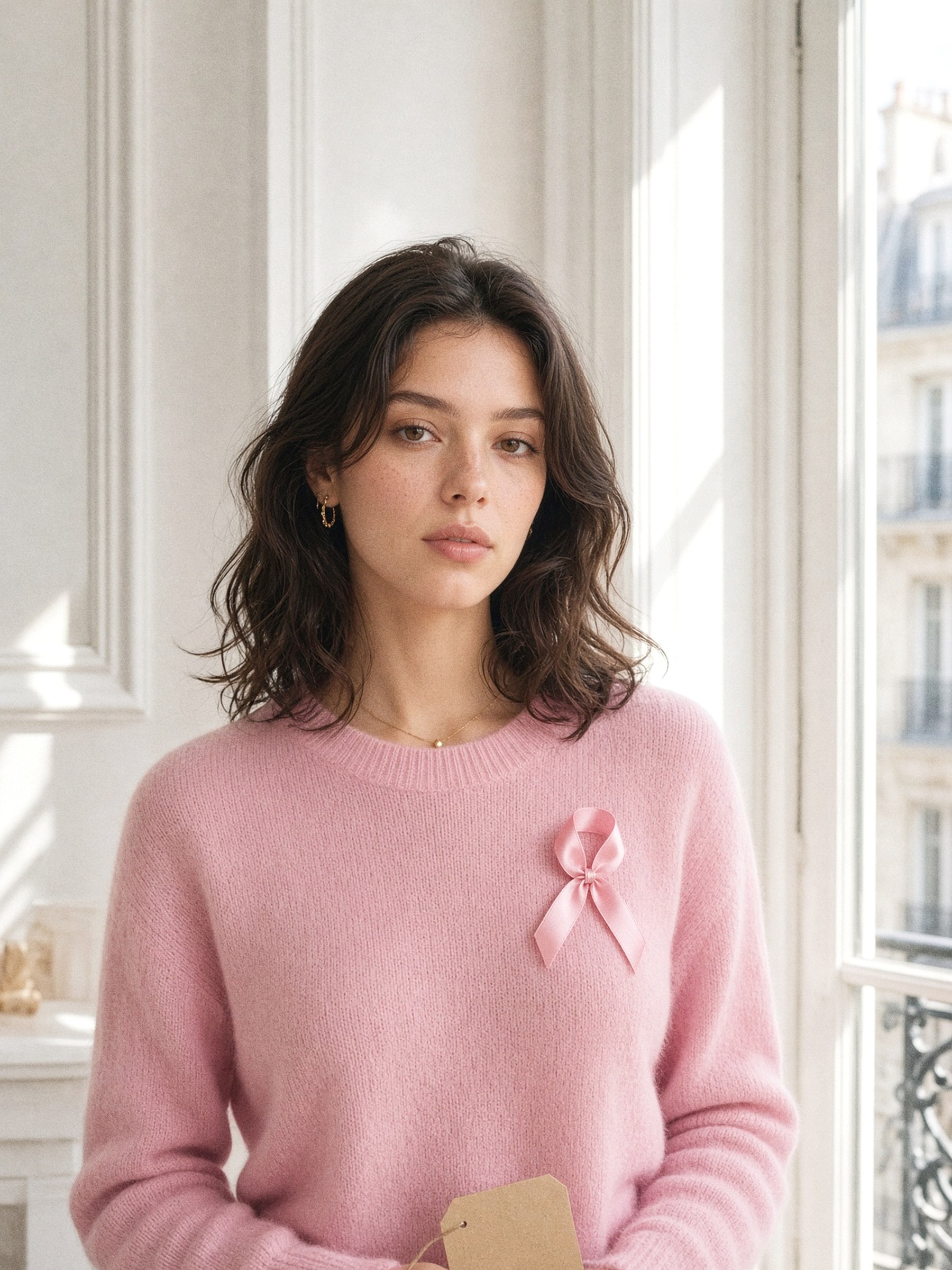 Mannequin en foulard de soie rose pâle devant un mur nu, une étiquette de prix tenue entre les doigts