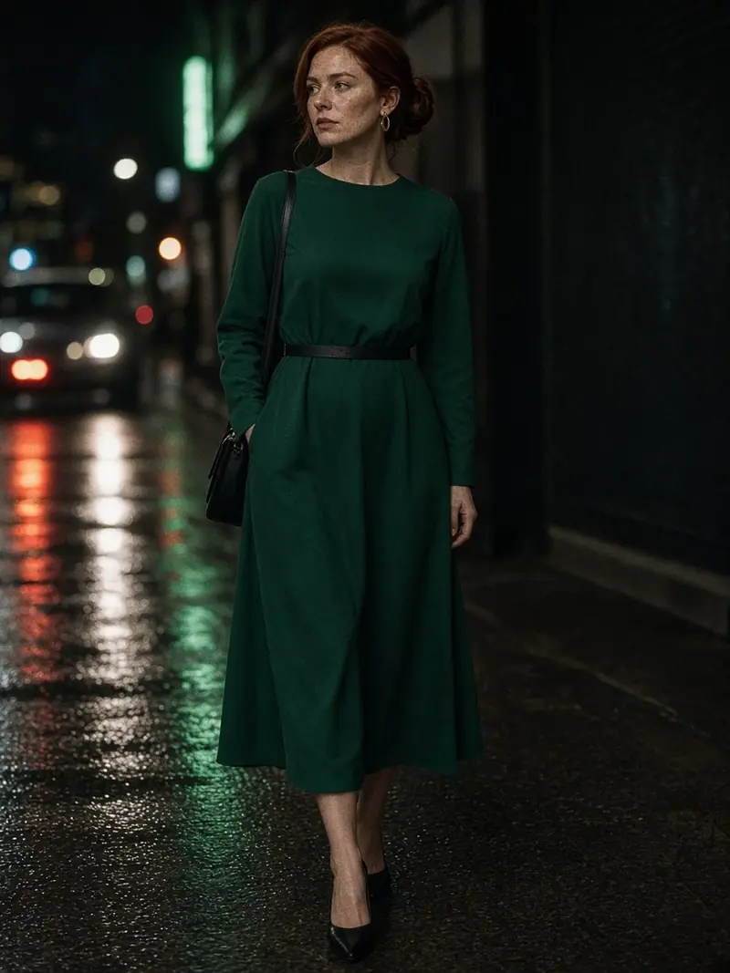 Illustration, mannequin fictif : Femme debout de nuit en robe midi en crêpe vert émeraude ceinturée, escarpins noirs pointus et petit sac porté à l'épaule.